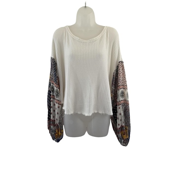 By Together Tops - By Together Blouse Womens Small White Waffle Knit Boho Balloon Sleeve Top Raw